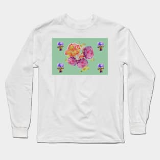 Shabby Chic Pink Roses on Green floral Pattern Long Sleeve T-Shirt